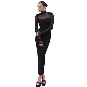 Mesh splicing finger sleeve long sleeve high collar slim bodycon long dress - Negative Apparel