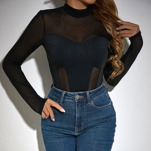 Mesh splicing tight perspective sxy bodysuit - Negative Apparel