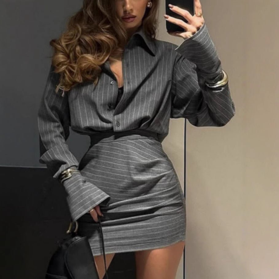 Metro Muse | Striped Long - Sleeve Buttoned Skirt Set - Negative Apparel
