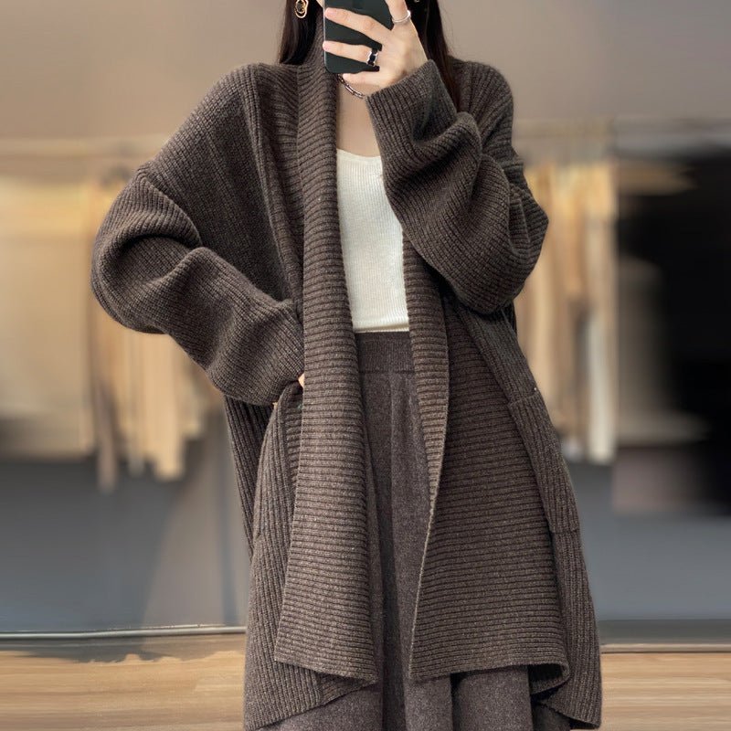 Mid length lazy style knitted cardigan loose design lapel thickened solid color sweater Negative Apparel