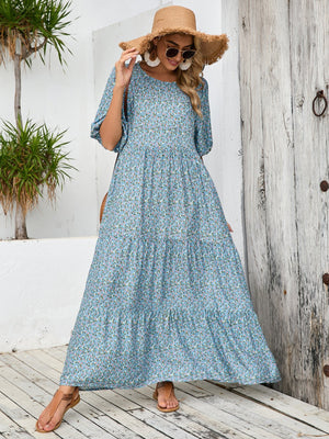 Middle Eastern robe loose round neck mid - sleeve dress large size retro casual vacation floral long dress - Negative Apparel