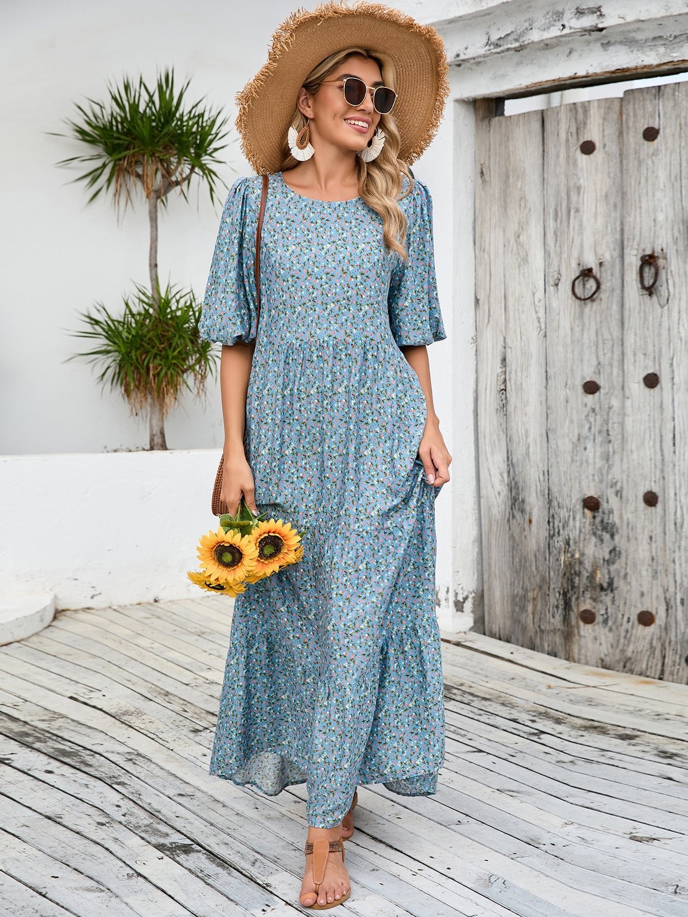 Middle Eastern robe loose round neck mid - sleeve dress large size retro casual vacation floral long dress - Negative Apparel