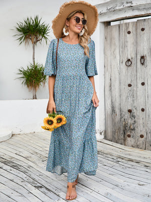 Middle Eastern robe loose round neck mid - sleeve dress large size retro casual vacation floral long dress - Negative Apparel