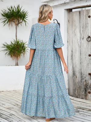 Middle Eastern robe loose round neck mid - sleeve dress large size retro casual vacation floral long dress - Negative Apparel