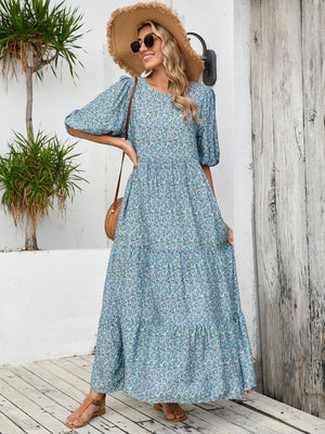 Middle Eastern robe loose round neck mid - sleeve dress large size retro casual vacation floral long dress - Negative Apparel