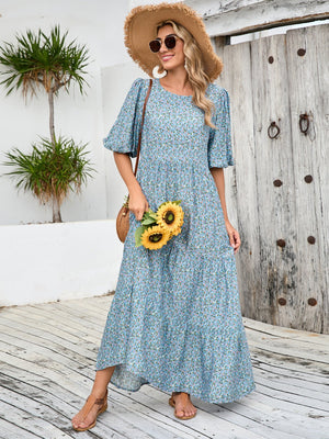 Middle Eastern robe loose round neck mid - sleeve dress large size retro casual vacation floral long dress - Negative Apparel