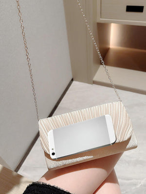 Mini Envelope Bag Ruched Detail Fashionable For Party Pleated Metal Chain Flap Clutch, Elegant Textured Party Purse, Classic Banquet Dinner Evening Bag - Negative Apparel