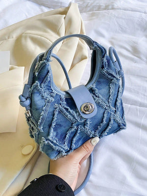 Mini Hobo Bag Twist Lock Raw Trim Denim Underarm Bag,Trendy Turn - Lock Satchel Bag - Negative Apparel