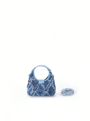 Mini Hobo Bag Twist Lock Raw Trim Denim Underarm Bag,Trendy Turn - Lock Satchel Bag - Negative Apparel