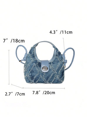 Mini Hobo Bag Twist Lock Raw Trim Denim Underarm Bag,Trendy Turn - Lock Satchel Bag - Negative Apparel