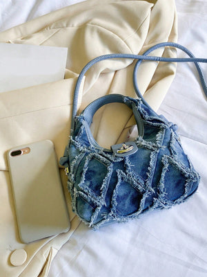 Mini Hobo Bag Twist Lock Raw Trim Denim Underarm Bag,Trendy Turn - Lock Satchel Bag - Negative Apparel