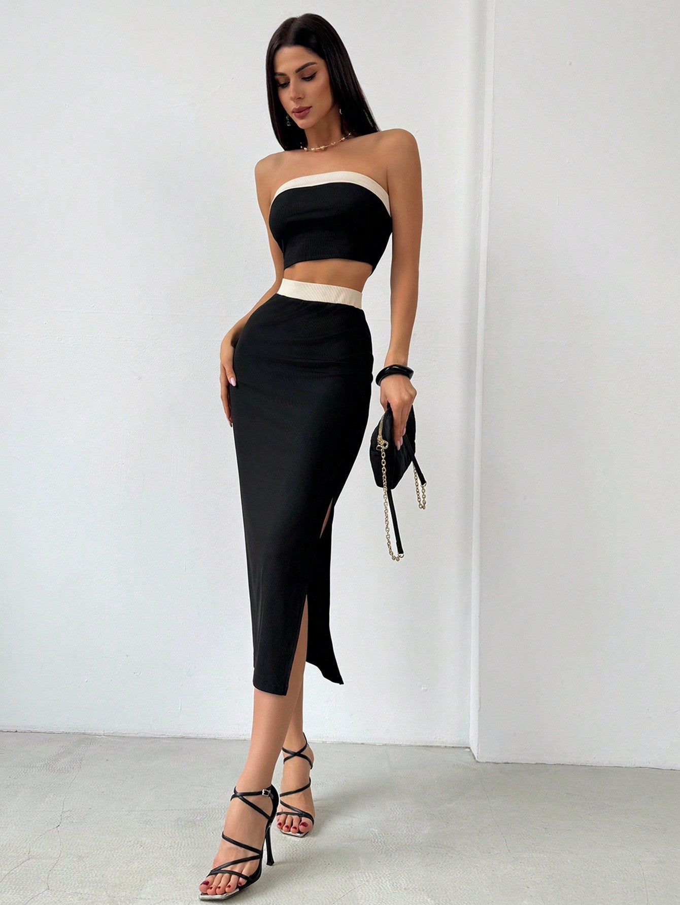 Minimalist Elegant Color Block Bandeau + High Slit Skirt 2 Piece Set, Beige & Black - Negative Apparel