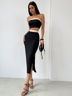 Minimalist Elegant Color Block Bandeau + High Slit Skirt 2 Piece Set, Beige & Black - Negative Apparel