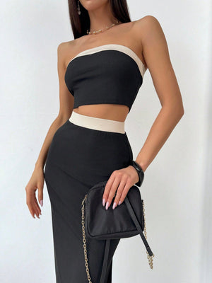 Minimalist Elegant Color Block Bandeau + High Slit Skirt 2 Piece Set, Beige & Black - Negative Apparel