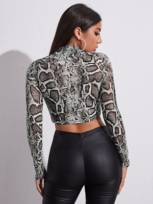 Mock Neck Snakeskin Print Mesh Crop Top - Negative Apparel