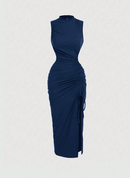 MOD Black Stand Collar Ruched Sleeveless Bodycon Midi Dress For Women - Negative Apparel