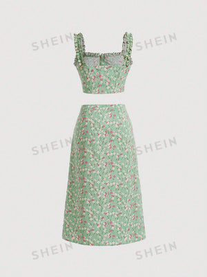 MOD Floral Print Frill Trim Cami Top & Slit Hem Skirt Set - Negative Apparel