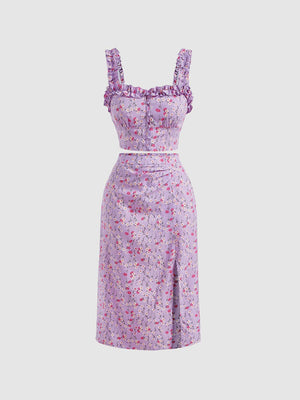MOD Floral Print Frill Trim Cami Top & Slit Hem Skirt Set - Negative Apparel