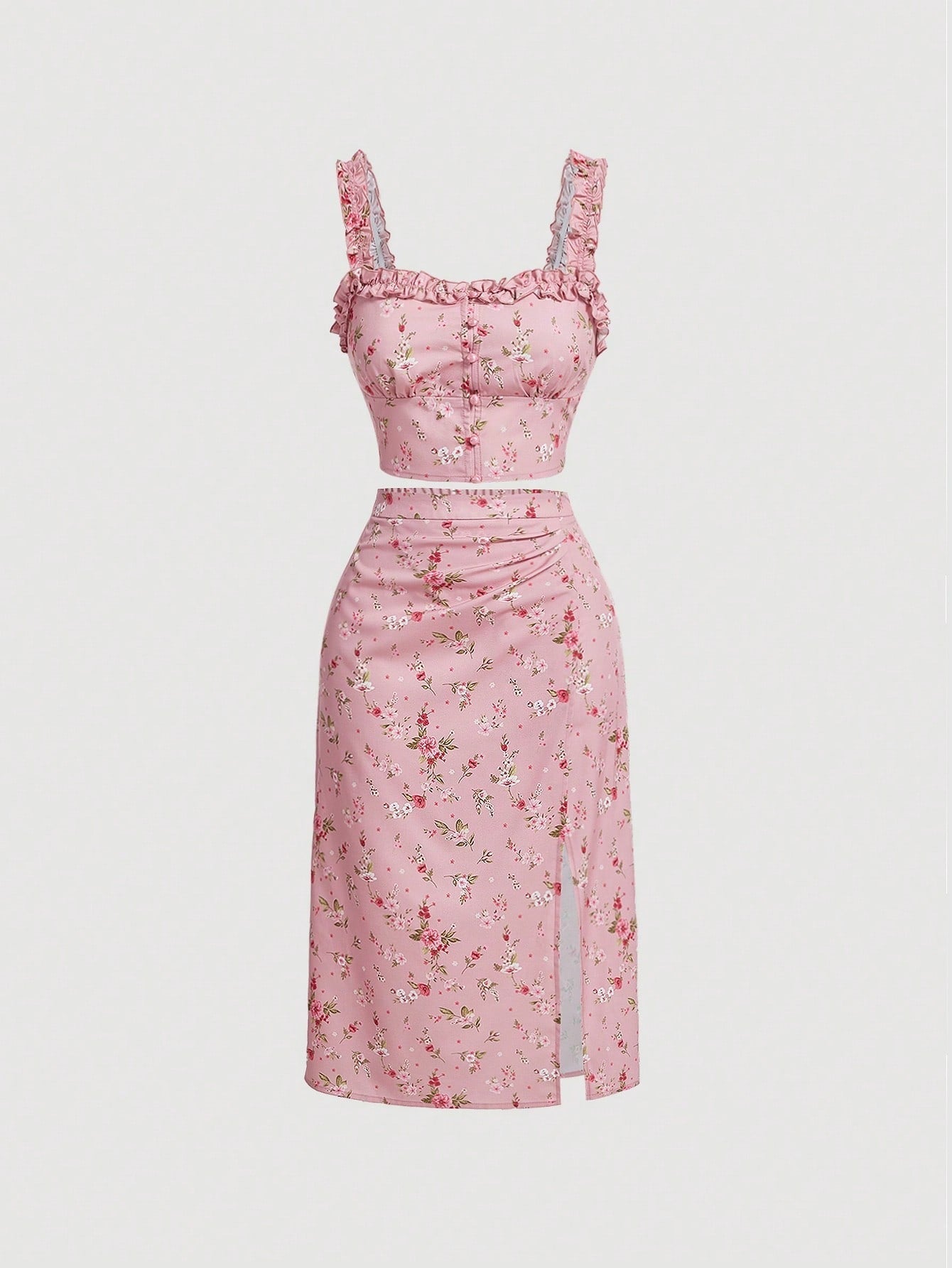 MOD Floral Print Frill Trim Cami Top & Slit Hem Skirt Set - Negative Apparel