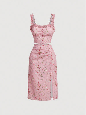 MOD Floral Print Frill Trim Cami Top & Slit Hem Skirt Set - Negative Apparel