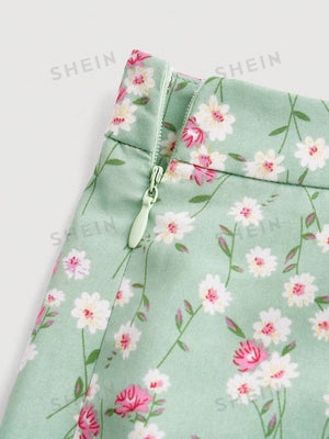 MOD Floral Print Frill Trim Cami Top & Slit Hem Skirt Set - Negative Apparel