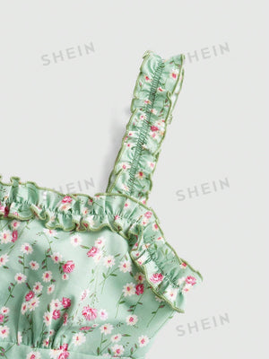 MOD Floral Print Frill Trim Cami Top & Slit Hem Skirt Set - Negative Apparel