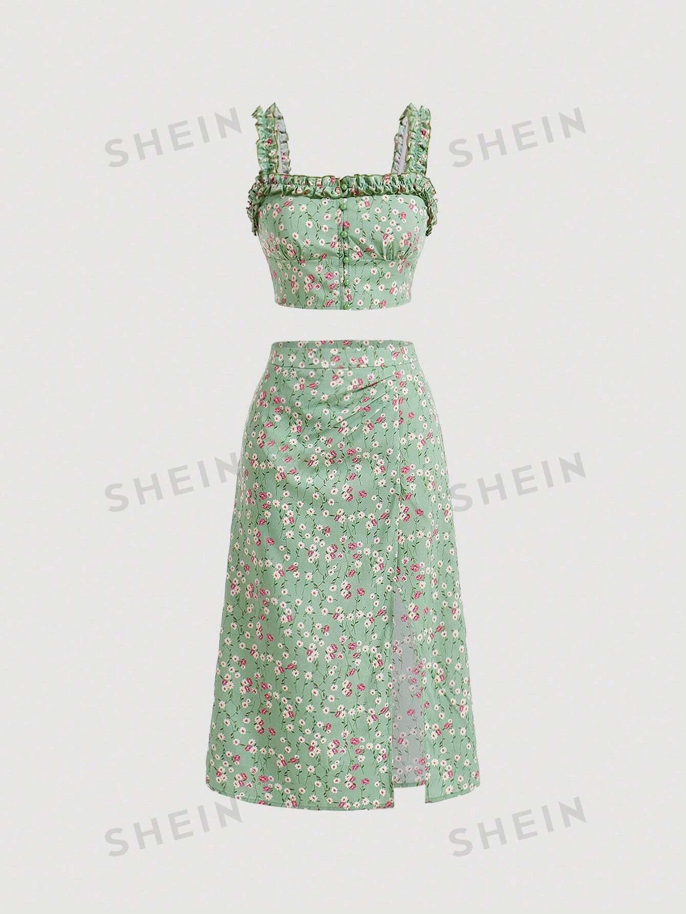 MOD Floral Print Frill Trim Cami Top & Slit Hem Skirt Set - Negative Apparel