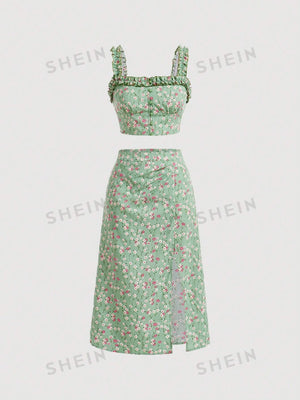 MOD Floral Print Frill Trim Cami Top & Slit Hem Skirt Set - Negative Apparel
