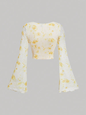 MOD Floral Print Ruffle Hem Bell Sleeve Top - Negative Apparel