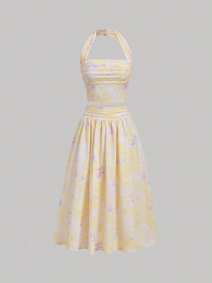 MOD Ladies' Floral Printed Pleated Halter Neck Vest And Skirt Set - Negative Apparel