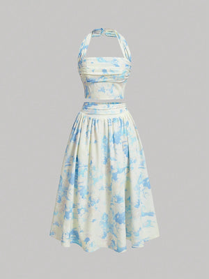 MOD Ladies' Floral Printed Pleated Halter Neck Vest And Skirt Set - Negative Apparel
