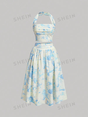 MOD Ladies' Floral Printed Pleated Halter Neck Vest And Skirt Set - Negative Apparel