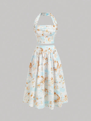 MOD Ladies' Floral Printed Pleated Halter Neck Vest And Skirt Set - Negative Apparel