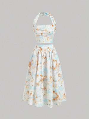 MOD Ladies' Floral Printed Pleated Halter Neck Vest And Skirt Set - Negative Apparel