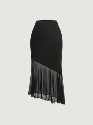 MOD Ladies' Solid Color Asymmetrical Hem Midi Skirt - Negative Apparel
