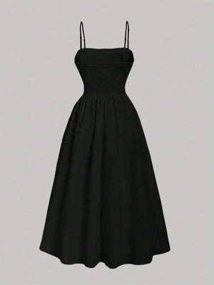 MOD Solid Ruched Cami Black Long Dress - Negative Apparel