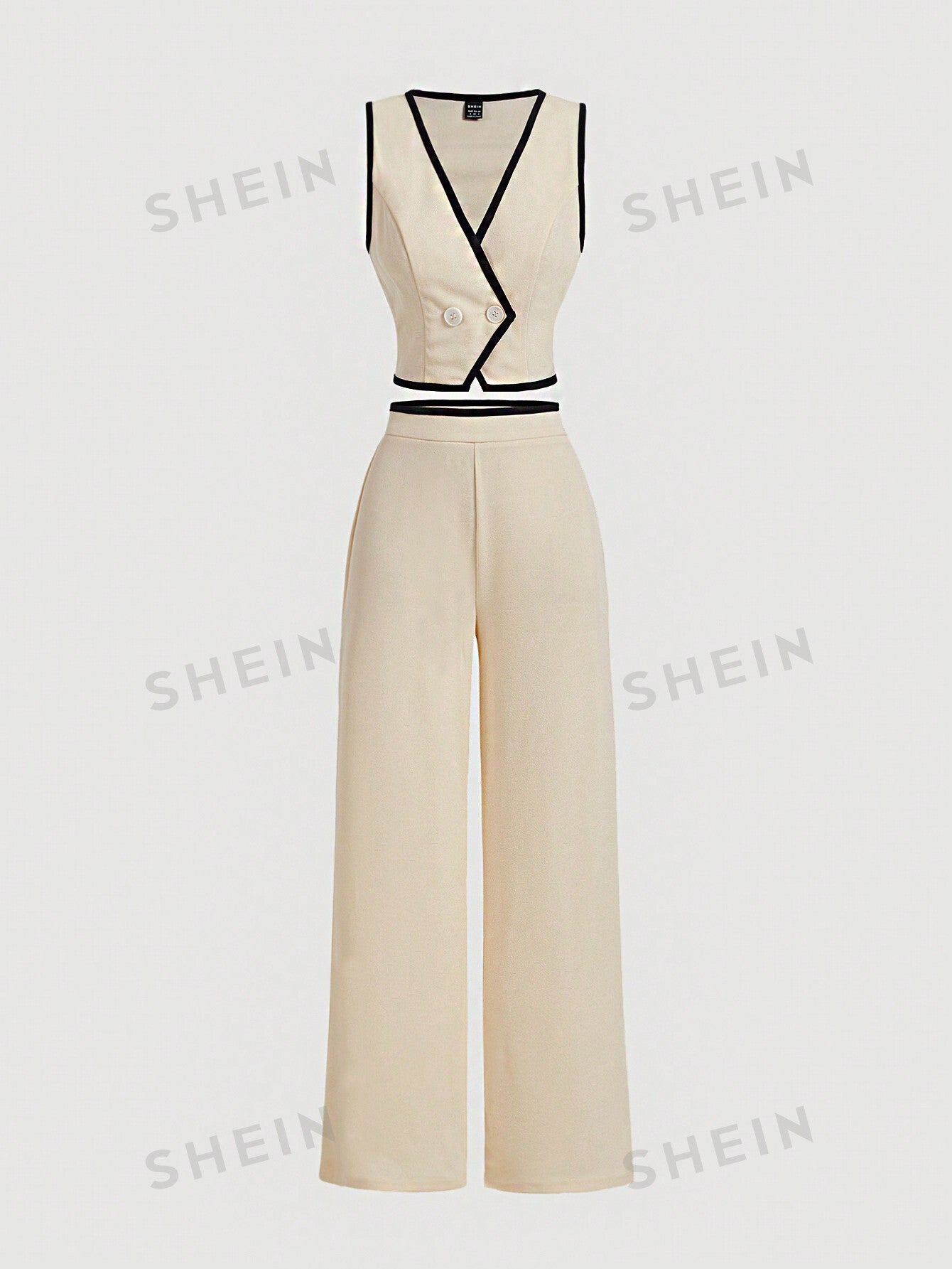 MOD Vintage Color Block Trim Women's Suit Set, Blazer Jacket And Pants, Early Autumn Outfit Back To School Preppy Tops 2pc Set Khaki Pants Old Money Style - Negative Apparel