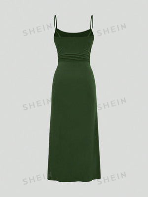 MOD Women's Plain Color Pleated Waist Cami Dress And Bell Sleeve Open Front Jacket 2pcs/Set - Negative Apparel