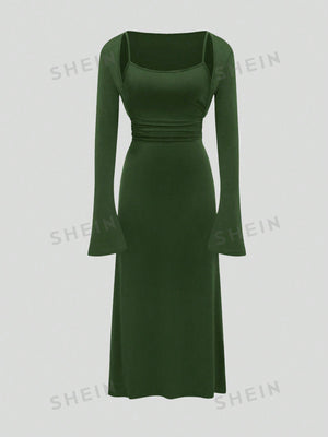 MOD Women's Plain Color Pleated Waist Cami Dress And Bell Sleeve Open Front Jacket 2pcs/Set - Negative Apparel