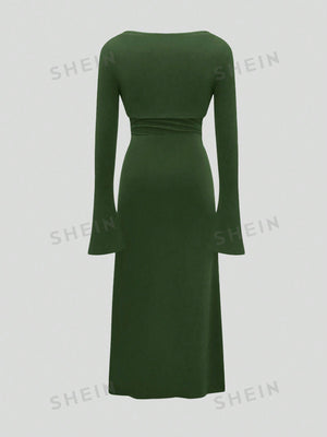 MOD Women's Plain Color Pleated Waist Cami Dress And Bell Sleeve Open Front Jacket 2pcs/Set - Negative Apparel