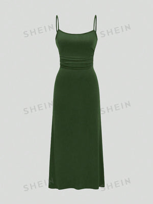 MOD Women's Plain Color Pleated Waist Cami Dress And Bell Sleeve Open Front Jacket 2pcs/Set - Negative Apparel