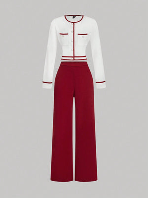 MOD Women's Round Neck Contrast Trim Long Sleeve Top And Straight Leg Casual Pants Suit - Negative Apparel