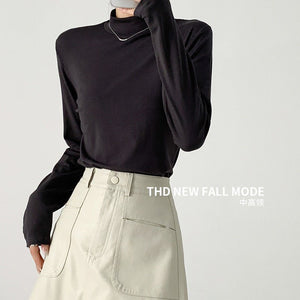 Modal half - high collar top for women, new spring style, slim - fitting long - sleeved T-shirt, slim protein bottoming shirt - Negative Apparel