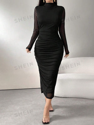 Modely Women's Solid Color Minimalist Everyday Long Sleeve Mesh Dress - Negative Apparel