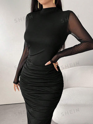 Modely Women's Solid Color Minimalist Everyday Long Sleeve Mesh Dress - Negative Apparel