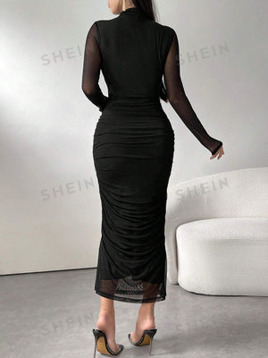 Modely Women's Solid Color Minimalist Everyday Long Sleeve Mesh Dress - Negative Apparel