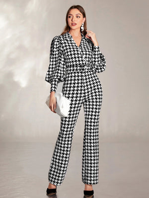 Modelyn Houndstooth Lantern Sleeve Flare Leg Jumpsuit - Negative Apparel