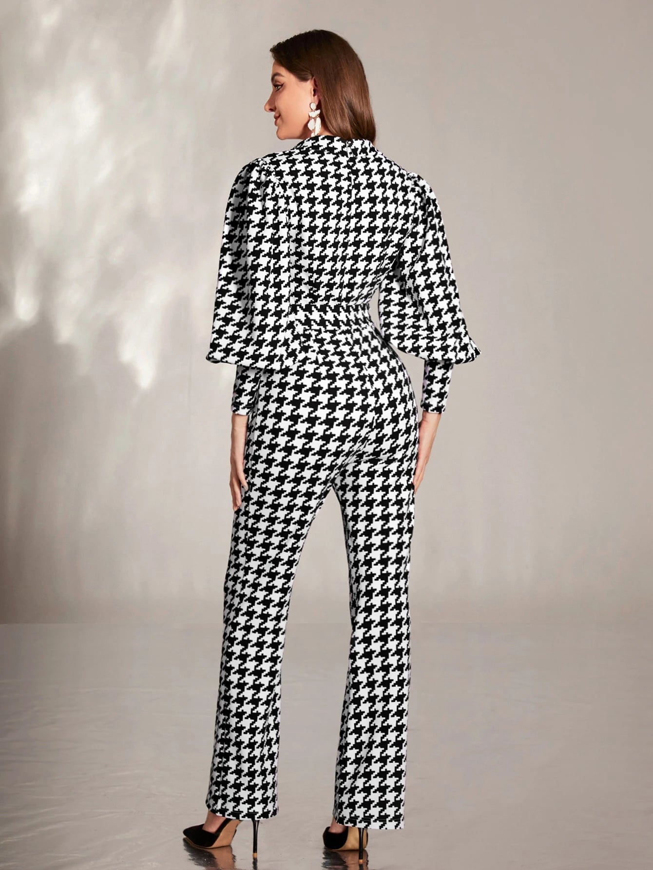 Modelyn Houndstooth Lantern Sleeve Flare Leg Jumpsuit - Negative Apparel