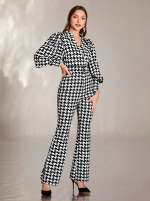Modelyn Houndstooth Lantern Sleeve Flare Leg Jumpsuit - Negative Apparel