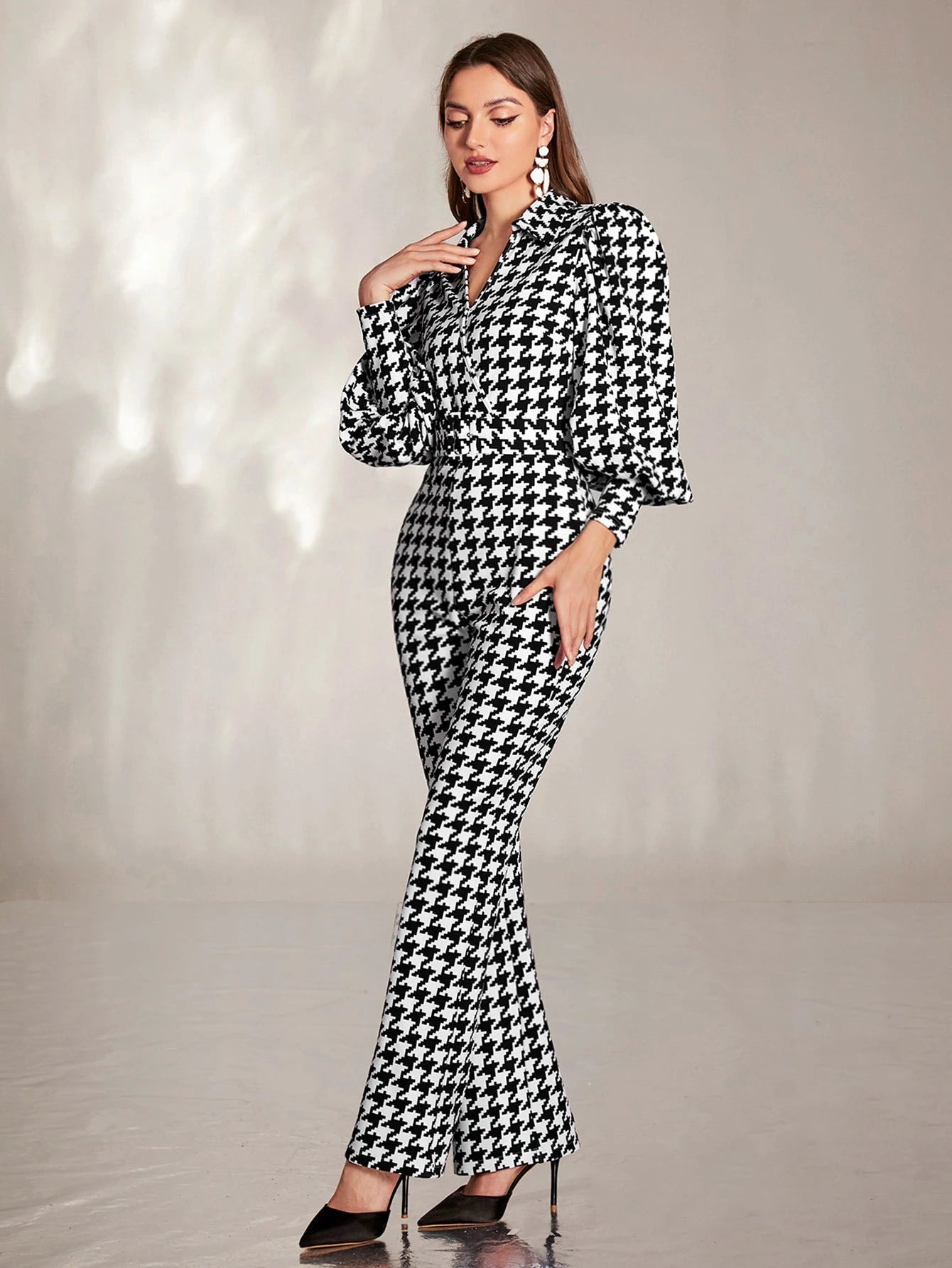 Modelyn Houndstooth Lantern Sleeve Flare Leg Jumpsuit - Negative Apparel